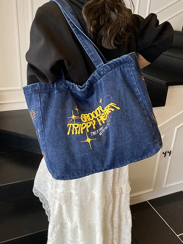 女性のレトロハンドバッグ-大容量ジッパーシールカジュアル刺繍文字デニムトートバッグショッピングデイリーバックパック