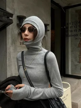 Jersey liso de manga larga con capucha para mujer, jerséis con capucha de cuello alto ajustados a la moda para otoño e invierno