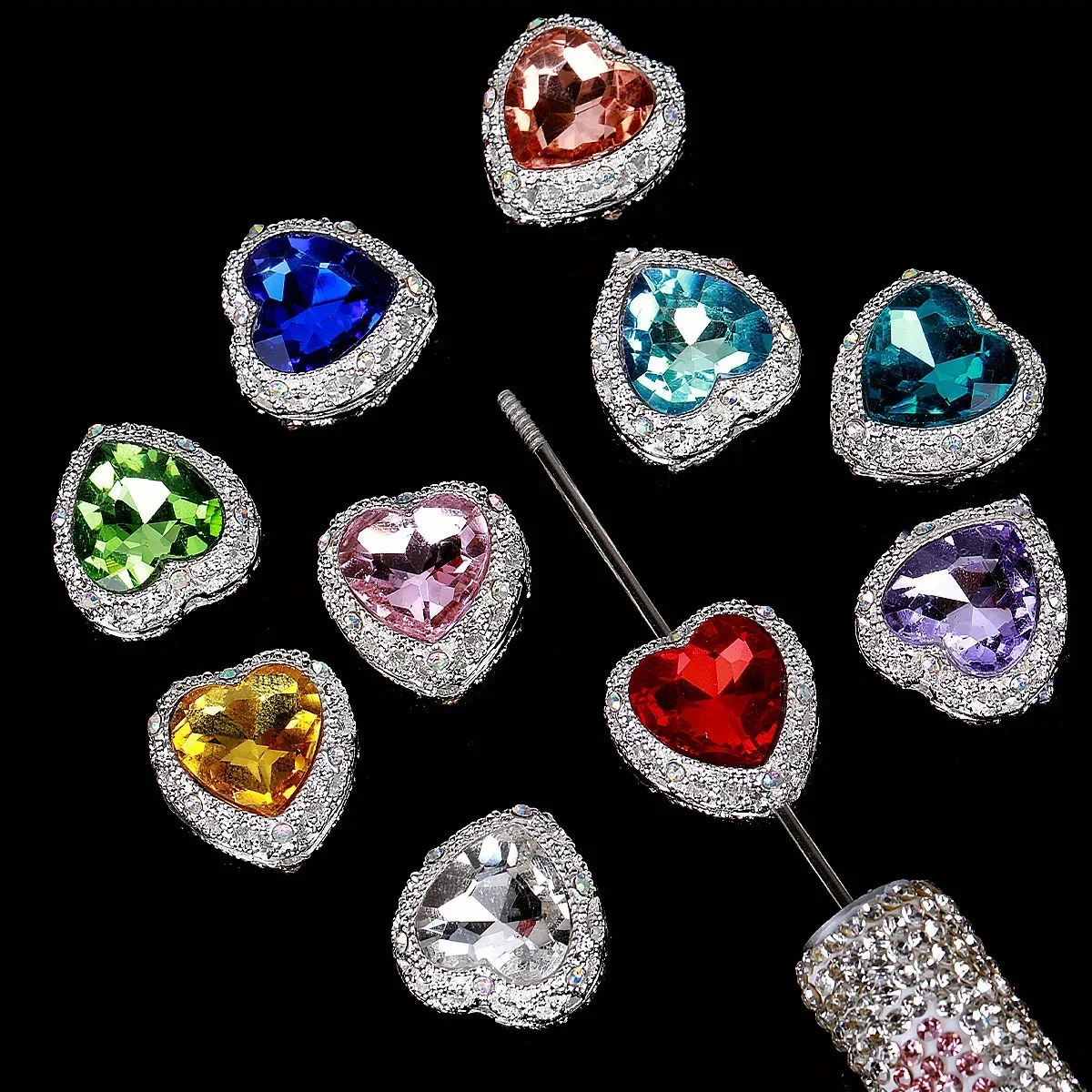 5pcs/10pcs Random Color Double-Sided Rhinestone Heart Zinc Alloy Beads For Jewelry Making,Beaded Pen,Bracelet,Phone Chain