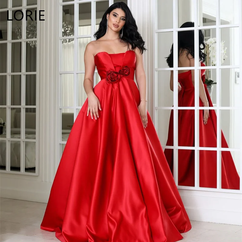 

LORIE Red Satin A-Line Wedding Dresses Strapless Pleat Hot Flowers Bridal Gown Floor-Length Bride Gowns 2025 Customized