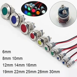 8/10/16/19/22mm Wire Light Indicator Led 220v Motorcycle Signal DC 12v 24v Red Green Beacon Pilot Light Led for Car Accessories