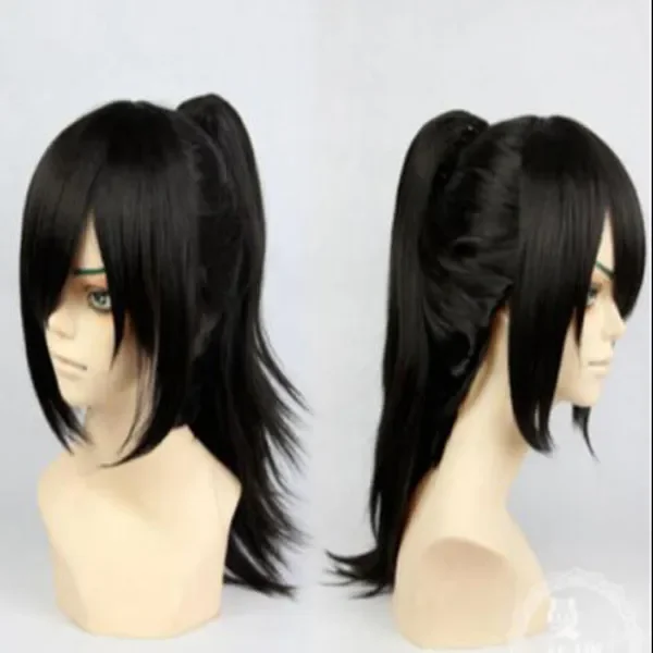 Harajuku Women Long Black Straight Cosplay Party Wigs With Ponytail