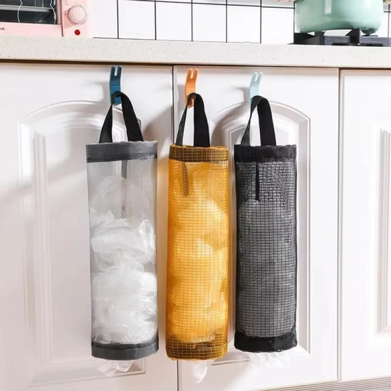 1pc Grey Hanging Plastic Bags Dispenser, Wall Mount Mesh Reused Storage Pouch, Kitchen Garbage Trash Bags Sundries Organizer Bag