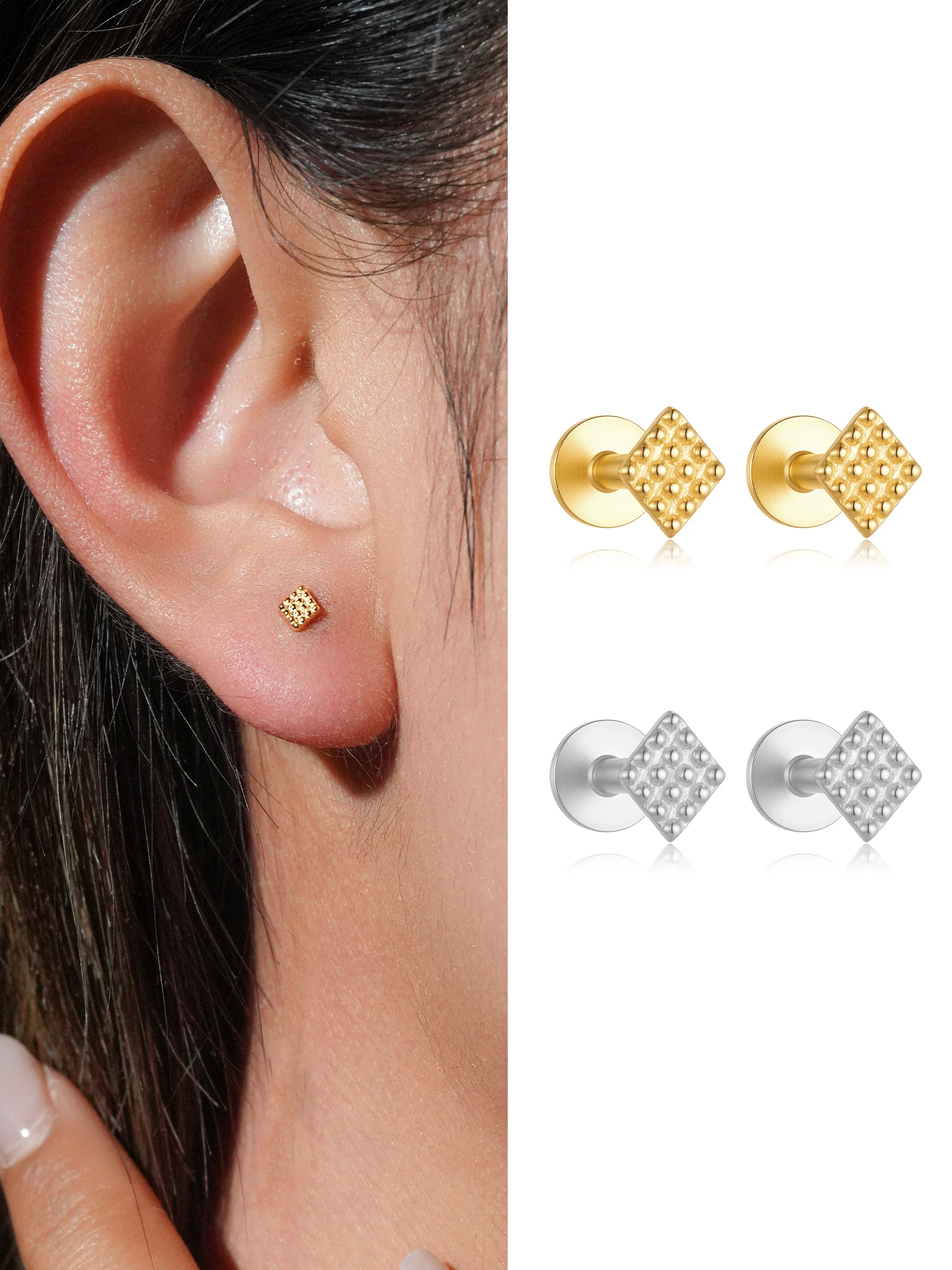 ANDYWEN 925 Sterling Silver Vintage Rhombus Textured Plain Stud Earrings Minimalist Delicate Women Jewelry for Everyday Wear