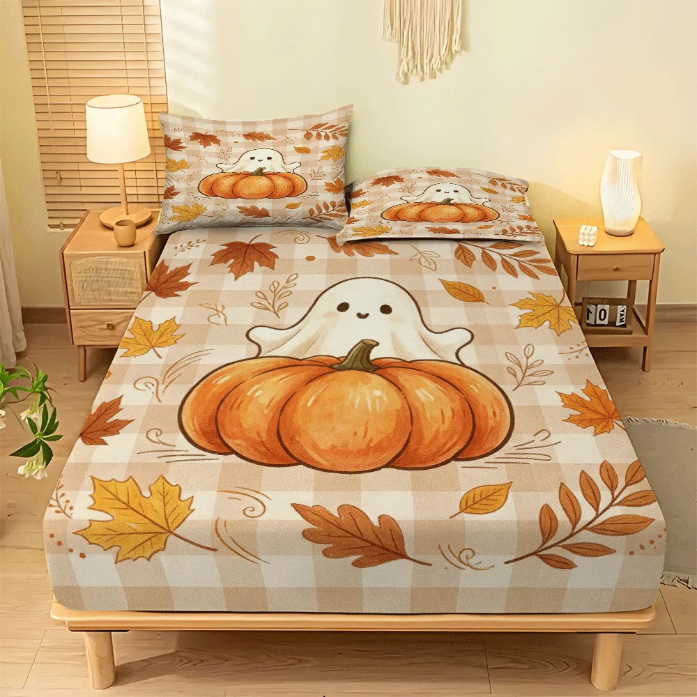 Halloween Neutral Style 2D Printed Fitted Sheet Set, Deep Pocket Elastic Sheet and 2 Pillowcases, Mattress Protector, Fitted Elastic Sheet Style, Holiday-Themed, Vintage Oil Painting Style, Christmas Limited Edition, Suitable for All Seasons, Machine Washable Design, Holiday Decoration, Various Sizes, Holiday-Themed