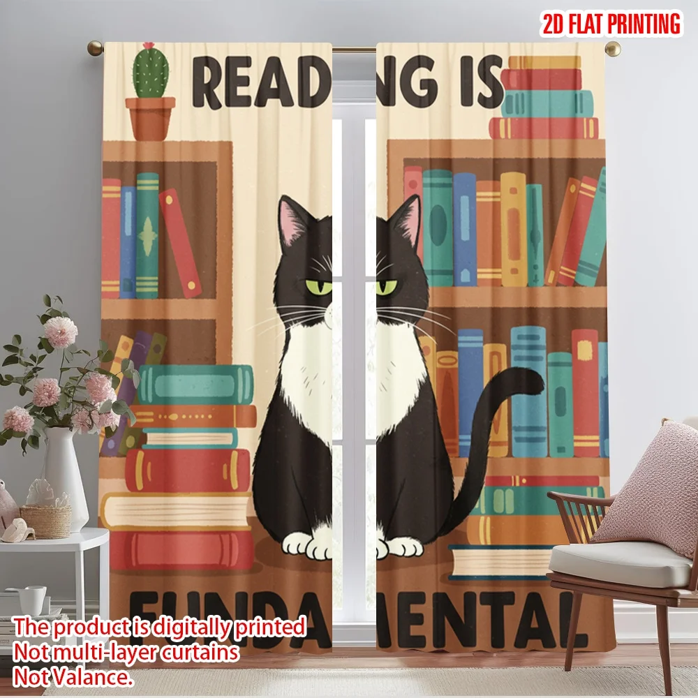 

2pcs 2D flat printing Party Curtains Bookish Cat Reading Is Fundamental Polyester Without Electricity 0 for aesthetic room decor