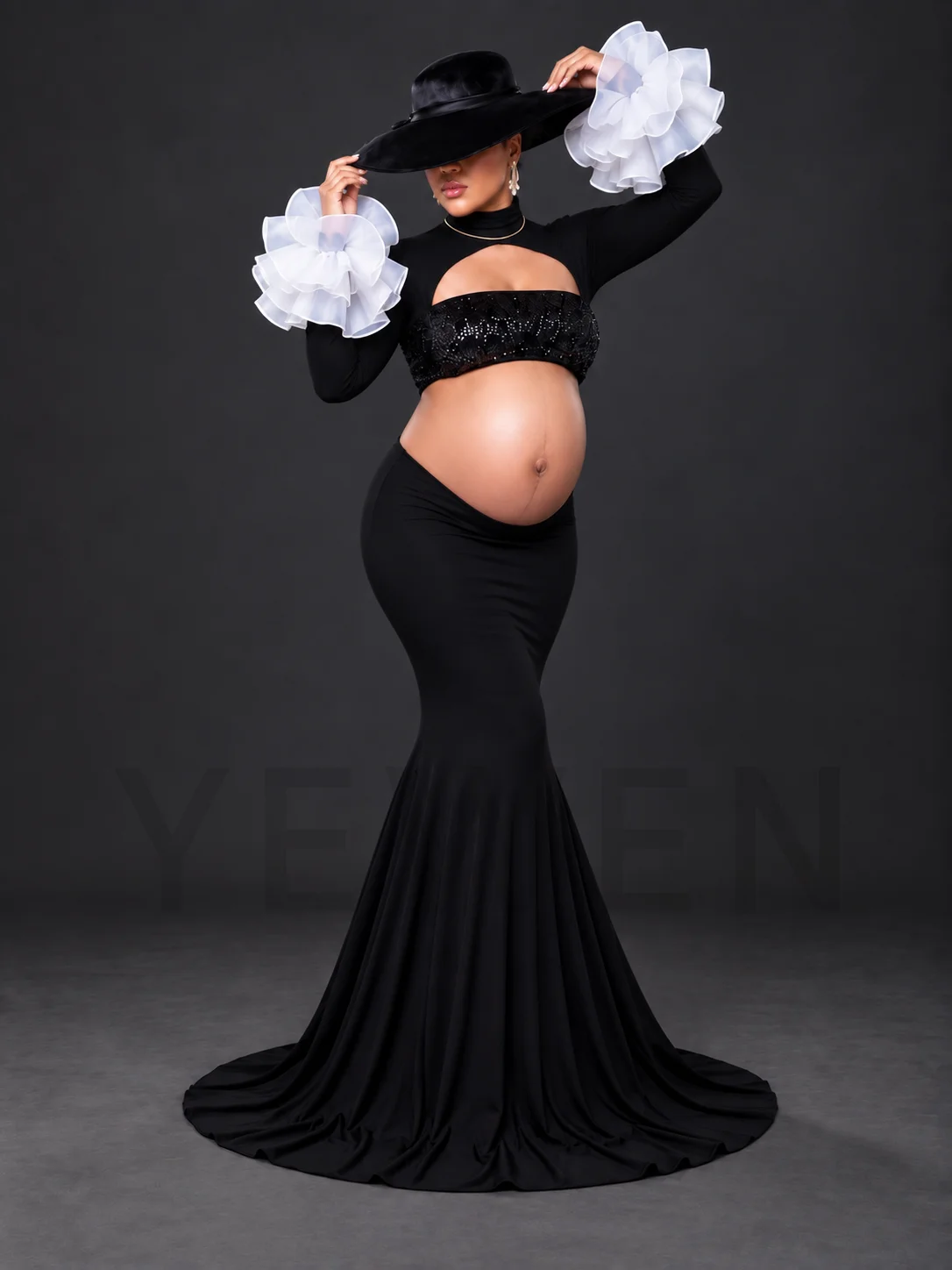 Black Mermaid Maternity Dress for Photoshoot High Couture Ruffle Sleeve Open Belly Pregnant Women Evening Gown HA260915