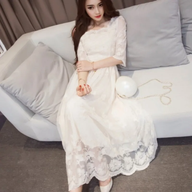 Weibliches Kleid, lang, weiß, Stickerei, Maxi, Geburtstag, Damen, Ärmel, Spitzenkleider, lässig, Jugend, sinnlich, sexy, kurvige Designer-Einteiler