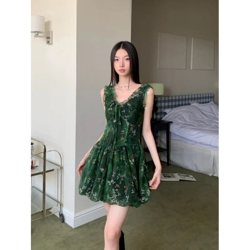 Retro V-ausschnitt Floral Rüschen Krawatte Leibchen Ärmelloses Grün Chiffon Puff Kleid Für Frauen Sommer Schlank Mori Mädchen Fee A-linie Kleid