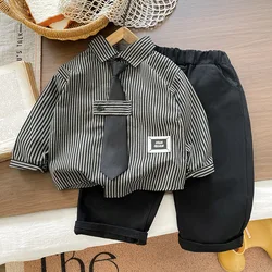 Autumn Spring Kids Boy Fashion Cartoon Clothing Set Kid Suits Strips Shirt Pants 2pcs/set Children Clothes Set 1 2 3 4 5 Year
