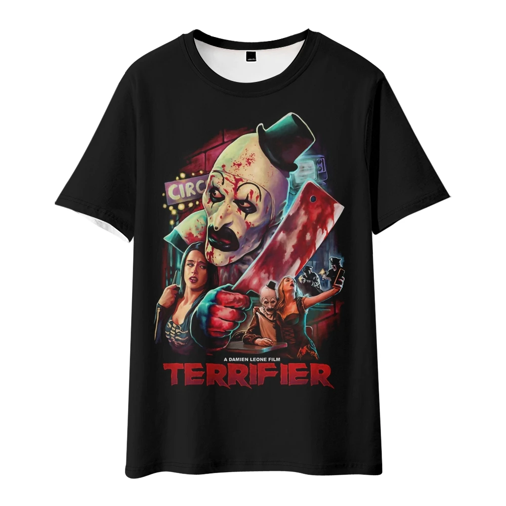 Terrifier T-Shirt Horrorfilm Halloween Merch schwarz T-Shirt Frauen Männer Rundhals ausschnitt Kurzarm Streetwear 3D Kleidung