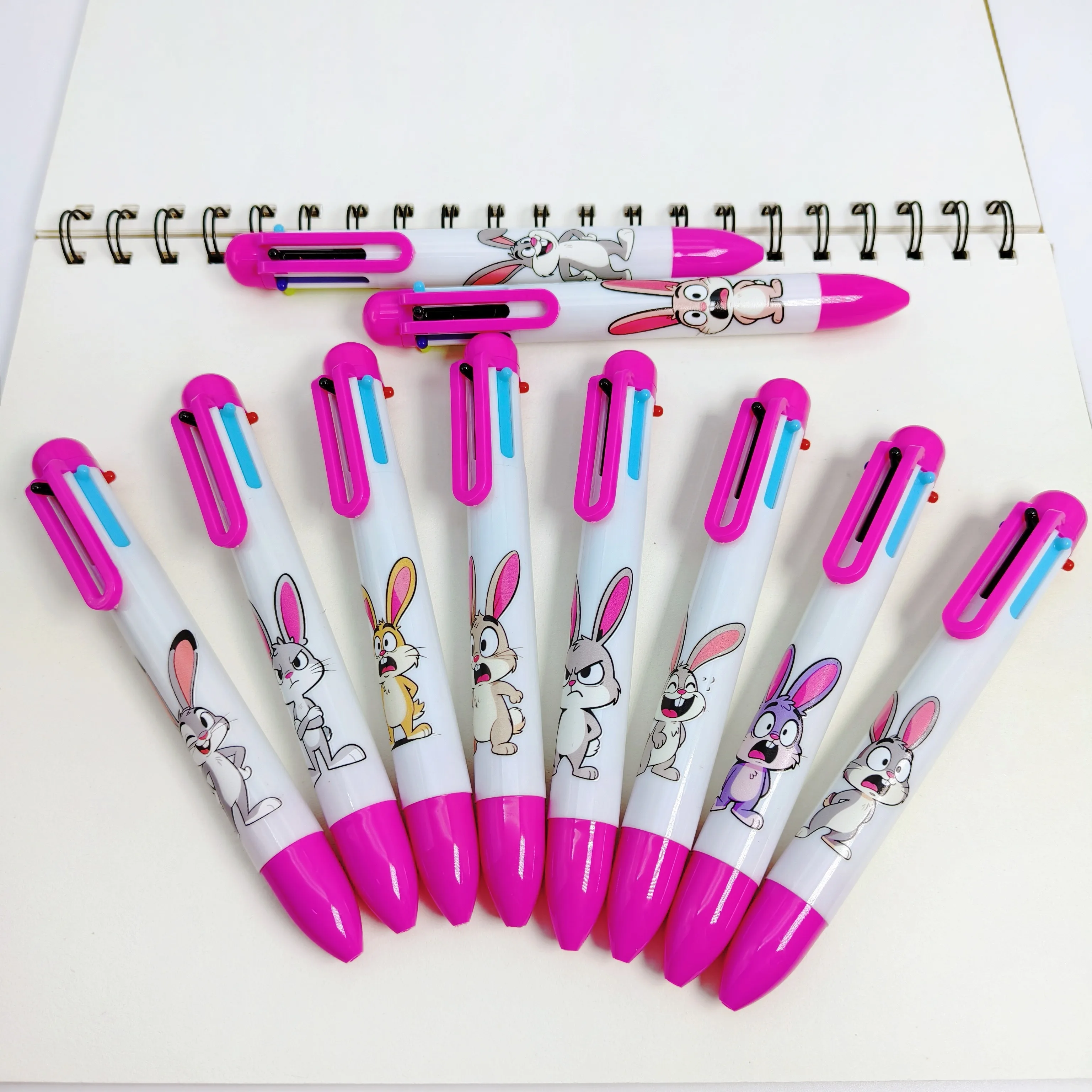

6pcs/12pcs long eared rabbit themed multi-color pen, funny rabbit design, six in one ballpoint pen