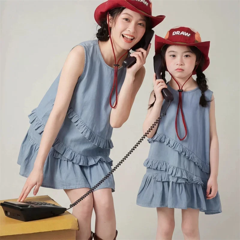 Mommy and Me Matching Denim Dress Sleeveless Ruffle Hem Tiered Sundress Family Summer Beach Vacation Casual Parent-Child Clothes
