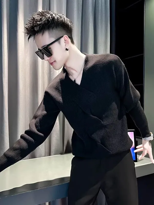 

Модный мужской вязаный свитер с V-образным вырезом, приталенный, для повседневной носки зимой, с ромбовидным узором, базовый, городской стиль, трикотаж