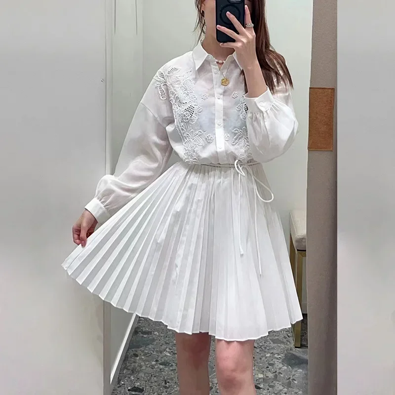 

Lace-up Pleated Shirt Dress Women's Floral Embroidery Hollow out Long Sleeve Female Single Breasted Turn-down Collar Robes