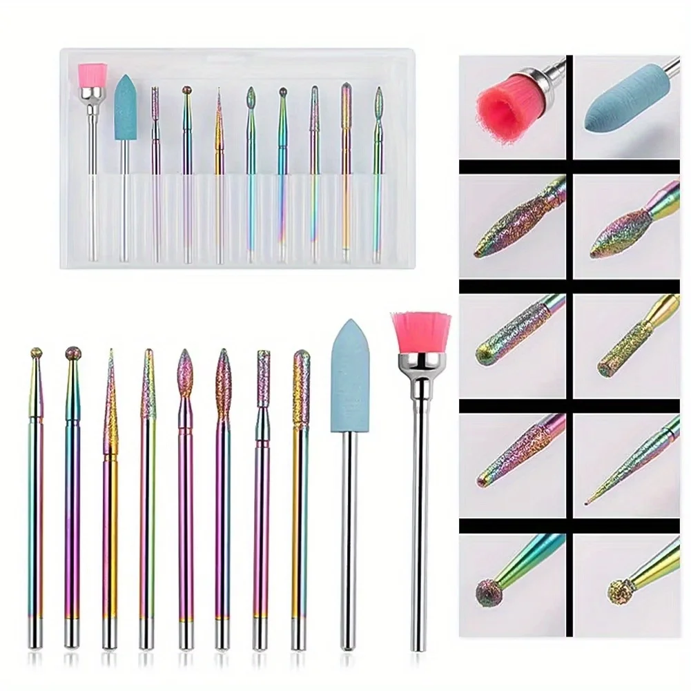 10PCS/BOX Diamond Nail Drill Bits Set for Electric Nail Drill,Professional Acrylic Nail Tools for Manicure,Polish Nails Art Tool