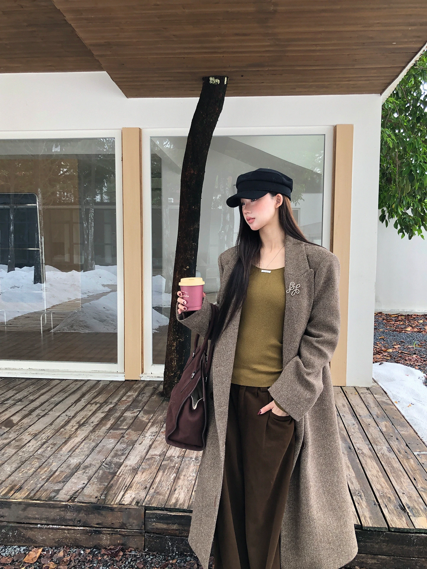 

Красное шерстяное пальто знаменитостей, женское Sle, новинка 2025, зимнее уникальное супер красивое твидовое хлопковое шерстяное пальто кофейного цвета, верхняя одежда