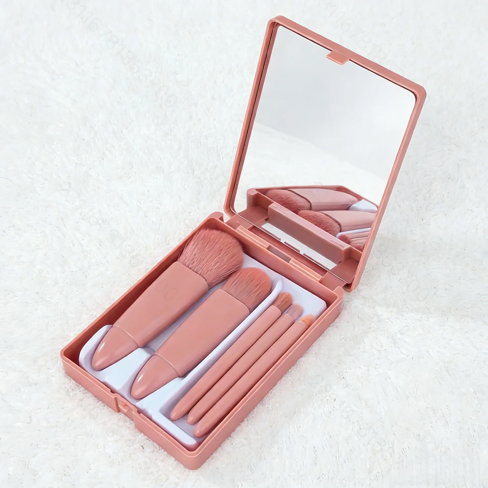 1 Set Chic Pink Makeup Brush Set - Mirror Compact, 5pcs Soft Bristles Versatile for Blush Eye Foundation image 2