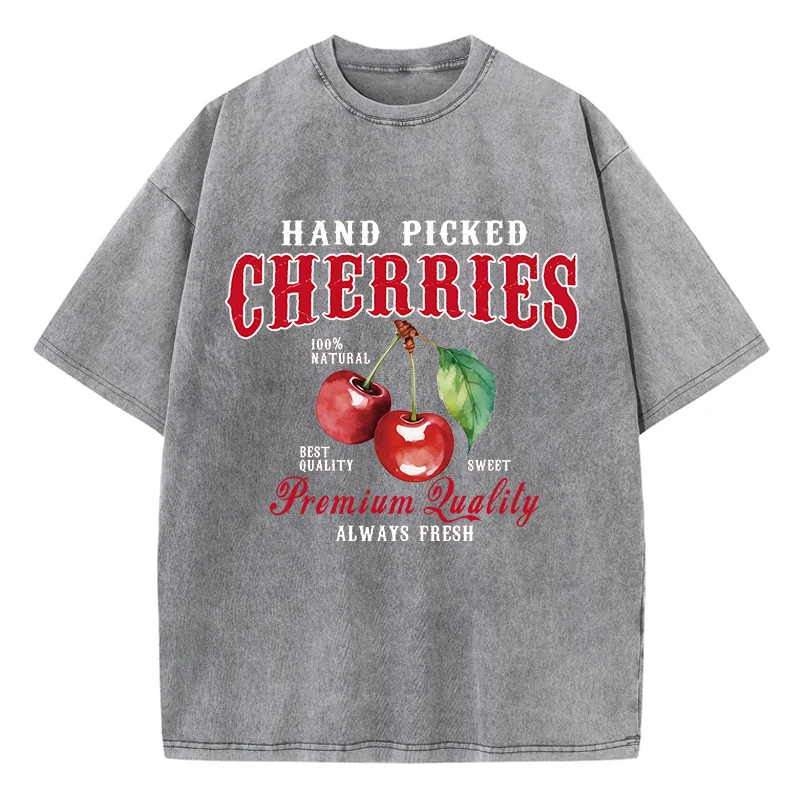 Vintage Womans Acid Wash T-Shirts Hand Picked Cherries Always Fresh Prints Tops Crewneck Cotton Oversize Tees Fashion Clothes