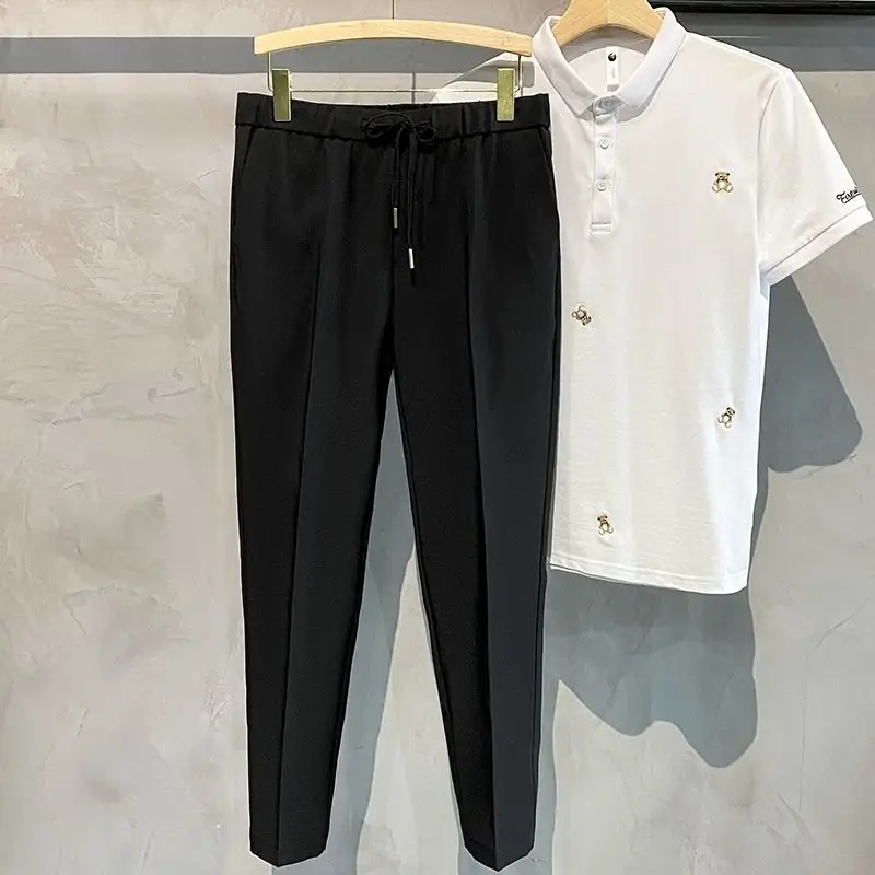 New Hot Sale Men's Tied Waistband No-Iron Straight Leg Casual chic Trousers Spring Autumn Solid Color Slim Fit Trendy Pants