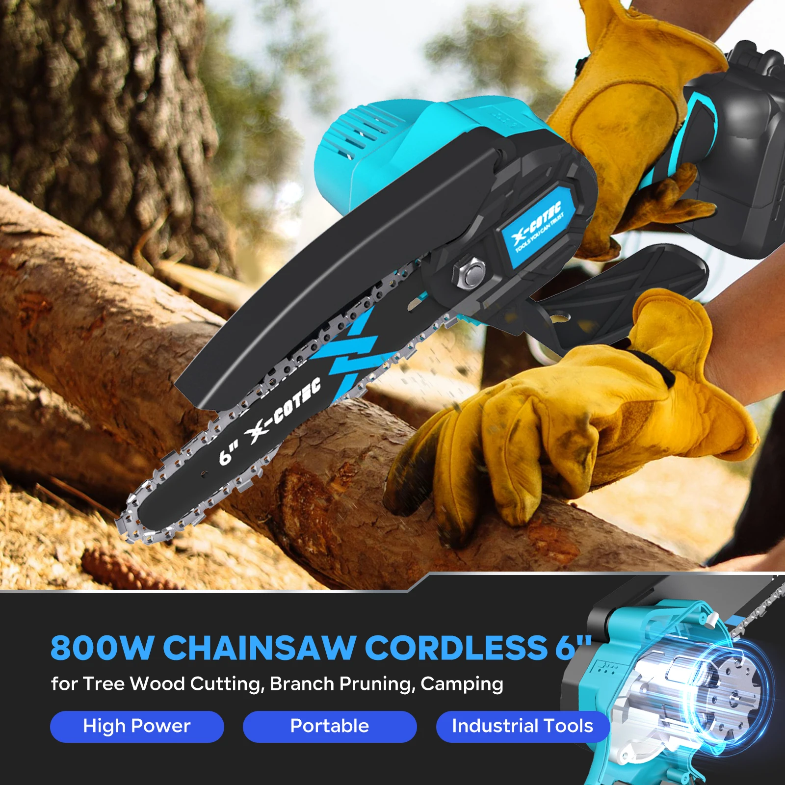 X-COTEC Mini Chainsaw Cordless 6'', with 2 x 4000mAh Batteries, Light Weight, to Cut Wood and Pruning Garden Branches