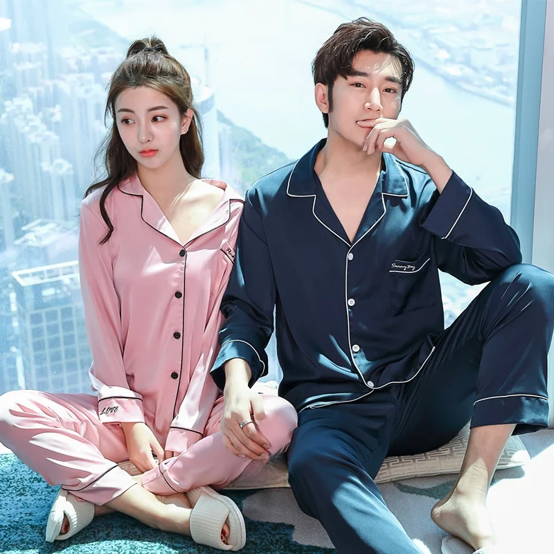 

Korean Style Simulation Silk Couples Sleepwear Long Sleeve Home Clothes Set for Men And Women Ice Silk Home Clothes