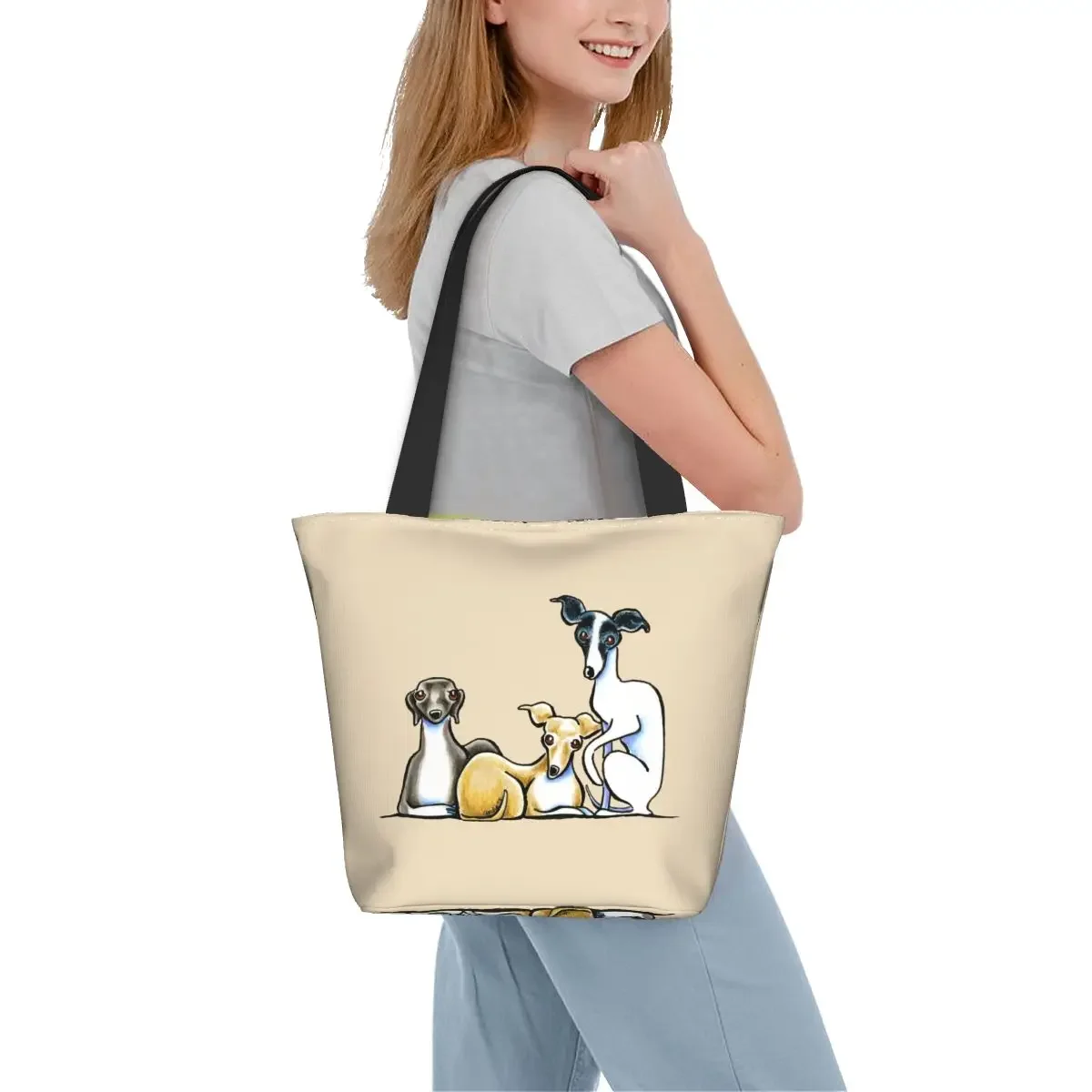 Italiano Greyhound Trio Mercearia sacola de compras para mulheres, Whippet Sighthound Dog Canvas Shoulder Shopper Bag, bolsa de grande capacidade