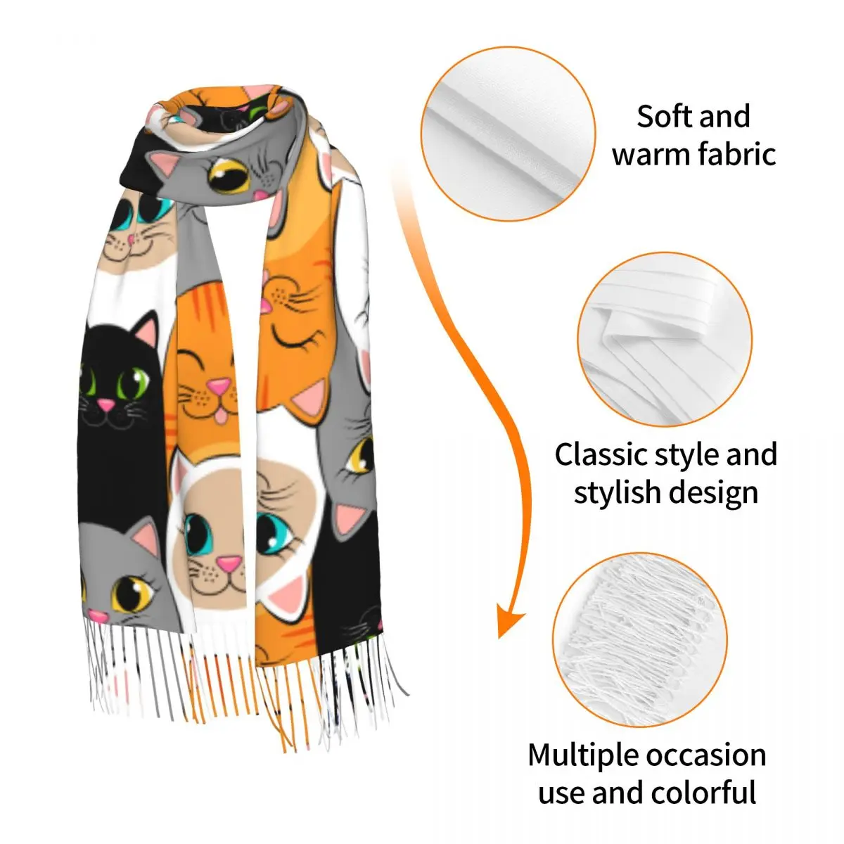 Winter Tassel Scarf Gray Ginger And Siamese Kittens Cats Women Cashmere Scarves Neck Head Warm Pashmina Lady Shawl Wrap Bandana