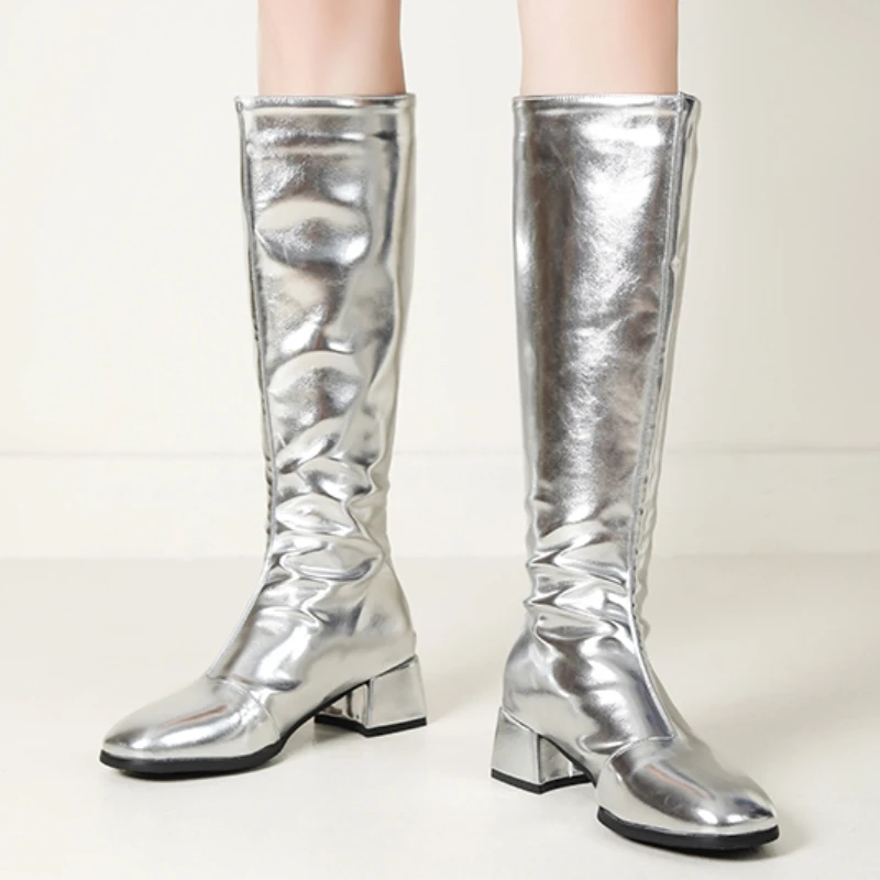 Women\'s Knee High Boots Winter Shoes 2025 Gold Silver Low Heeled Long Boot Ladies Party Footwear Shoes Large Size 45 Waterproof