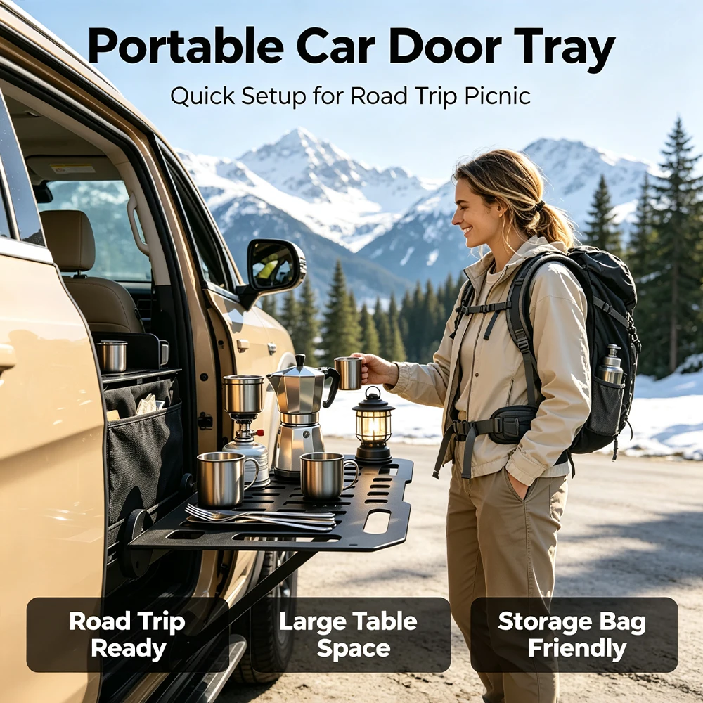 Portable Car Door Mount Tray, Foldable Magnetic Side Table, Outdoor Camping Coffee Station, SUV Road Trip Picnic Desk