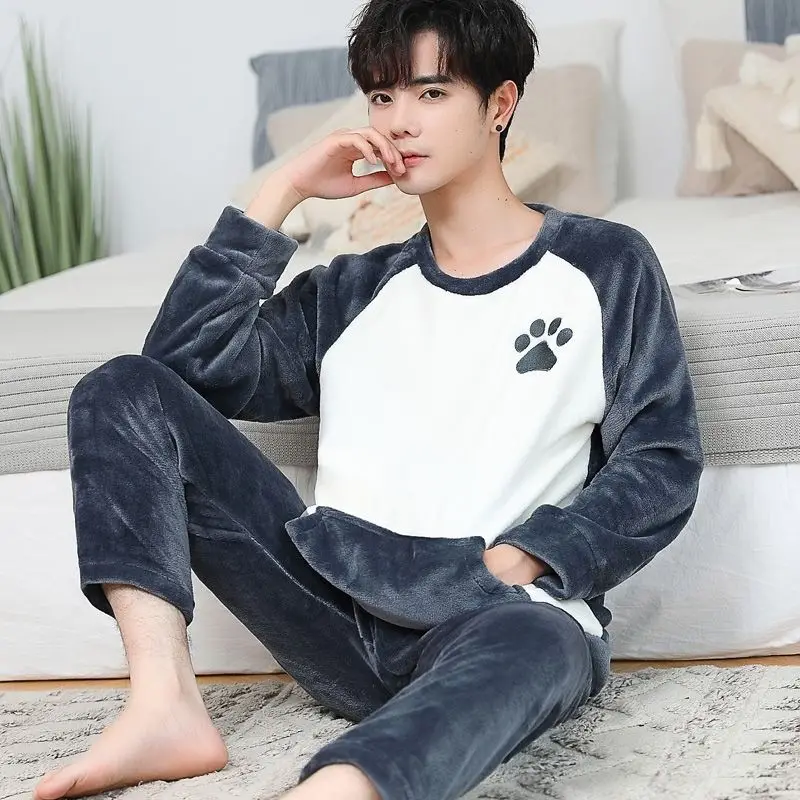 2024 New Pajamas Men's Winter Velvet Thickened Sleepwear Suit Flannel Warm Cartoon Homewear Round Collar Loose Cute Loungewear