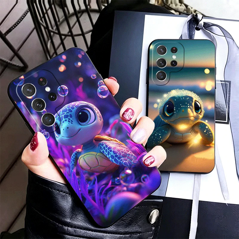 Cartoon Ocean Sea Turtle Silicone Phone Case for Samsung Galaxy S24 S26 Ultra S25 Edge S23 Plus S22 + S21 S20 FE 5G Black Soft C