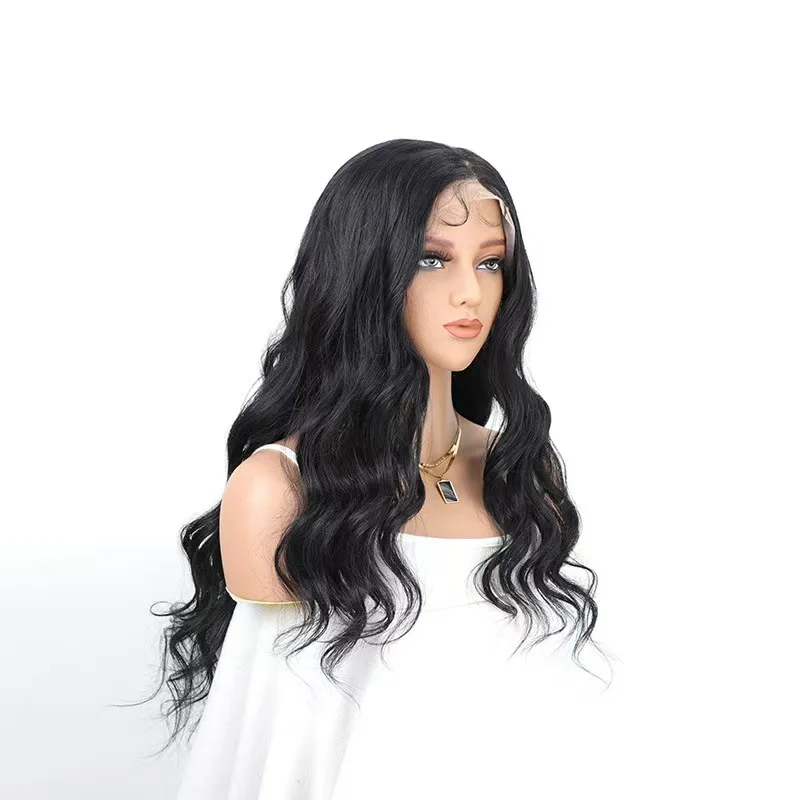 A fashionable and stylish full lace front wig with Yaki middle part and loose long curly hair made of synthetic fibers.