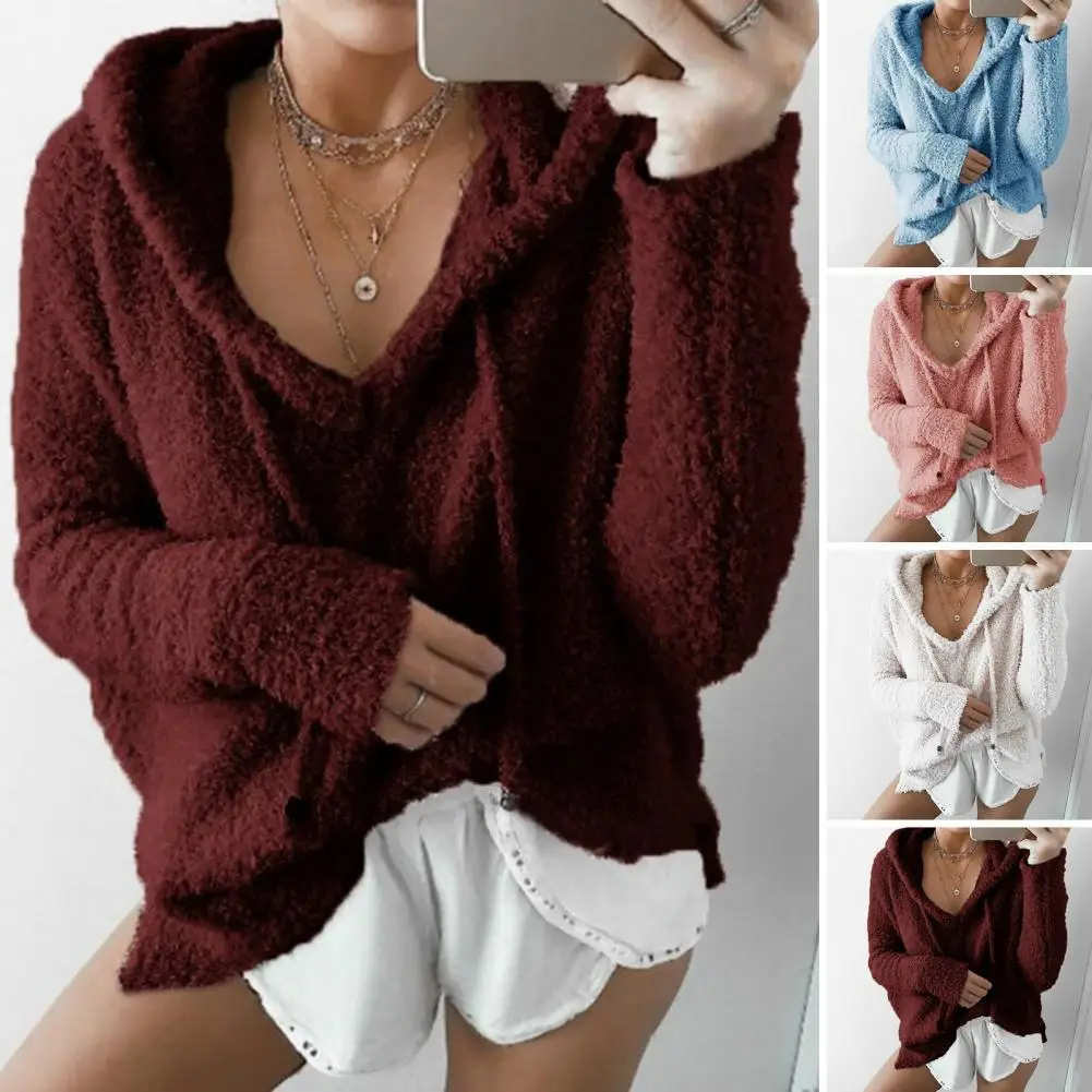 Women Cotton Blend Hoodie Cozy Fuzzy Hoodie for Women Warm Drawstring Pullover with Long Sleeves Solid for Autumn for Women