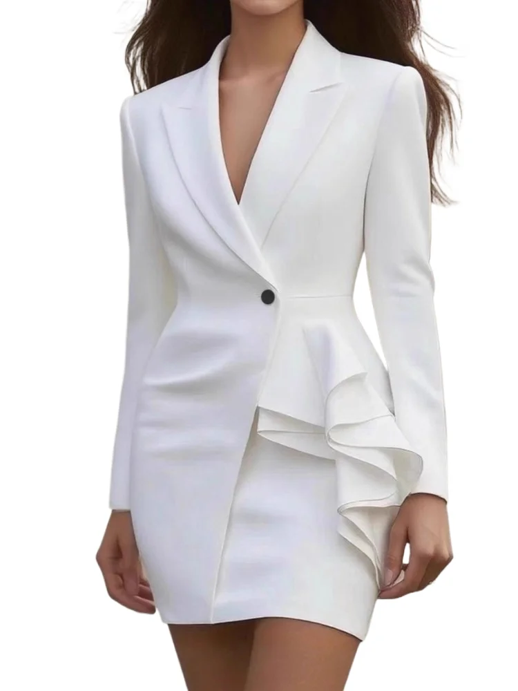 

Elegant Suit Dress For Women Fashion Solid Long Sleeve Notched Button Ruffles Package Mini Dresses Lady Office Clothes New