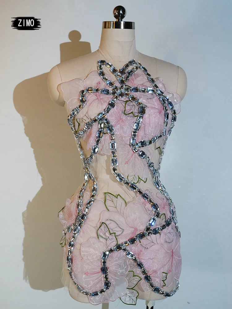 

Shining Rhinestones Bar Dress Short Skirt Pink Sexy Dress Halter Celebrate Performance Party Birthday Singer Dance GO Drag Queen