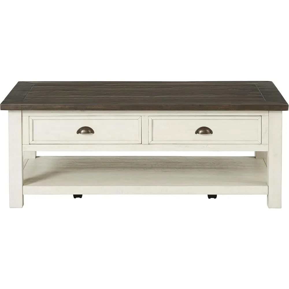 Table basse en bois massif, blanc crème, dessus marron