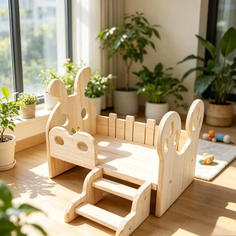 Solid Wood Small Pet Bed, Large Space Rabbit & Guinea Pig Sleeping House, All-Season Cozy Cat Nest for Dwarf Pets Home