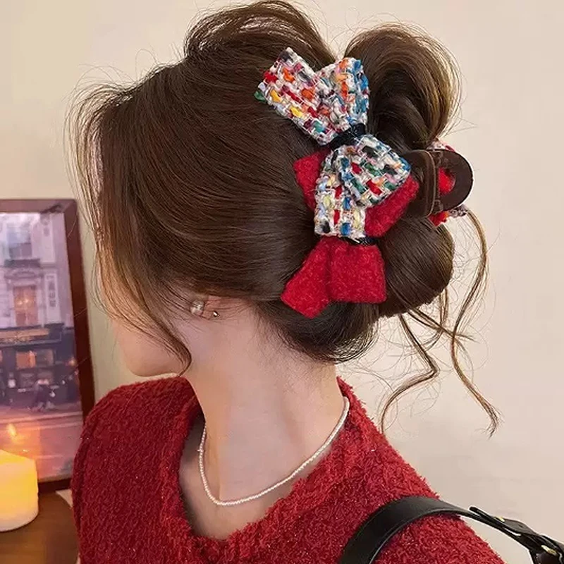 1pc Autumn/Winter wool-blend color-block double bow hair clip, large shark clip for the back of the head, new stylish hair acces