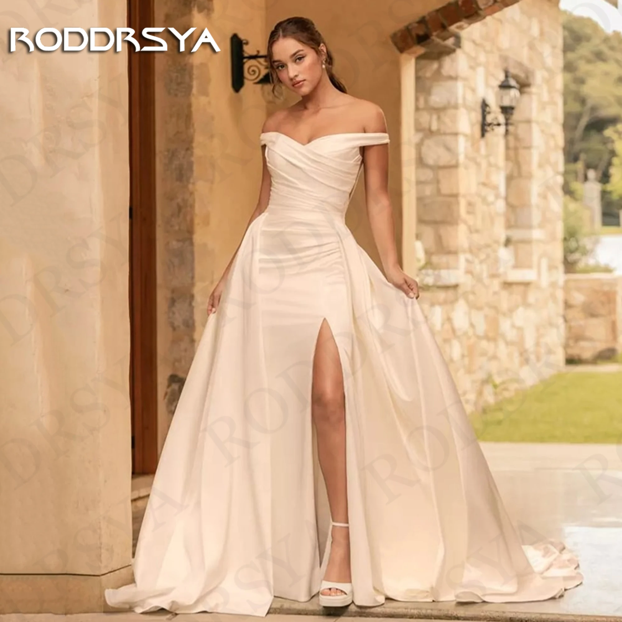 

RODDRSYA Off The Shoulder Mermaid Wedding Dress Satin Detachable Train Illusion Back Split Bridal Dresses vestido novia civil