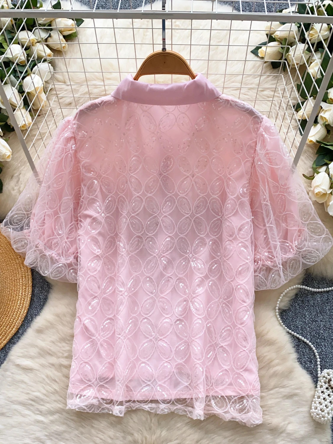

Heavy Embellied Knot Collar Lantern Sve Women's irt Single Button Bright Sequin Embroidery Versatile Top