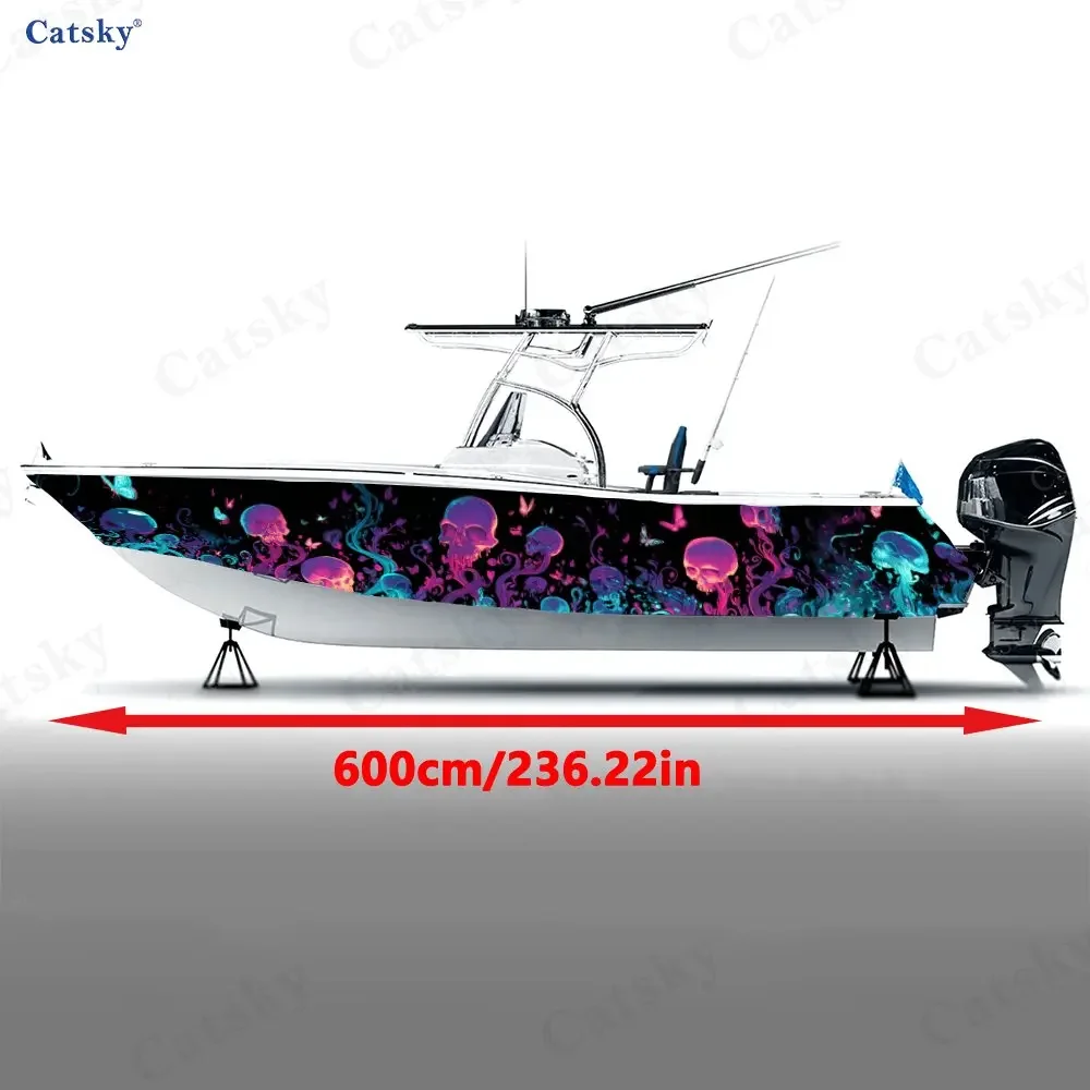 2Pcs Neon Skull Heart Fantasy Boat Stickers, PVC Waterproof Vinyl Wrap Decals for Fishing Boats, Durable and Stylish Design