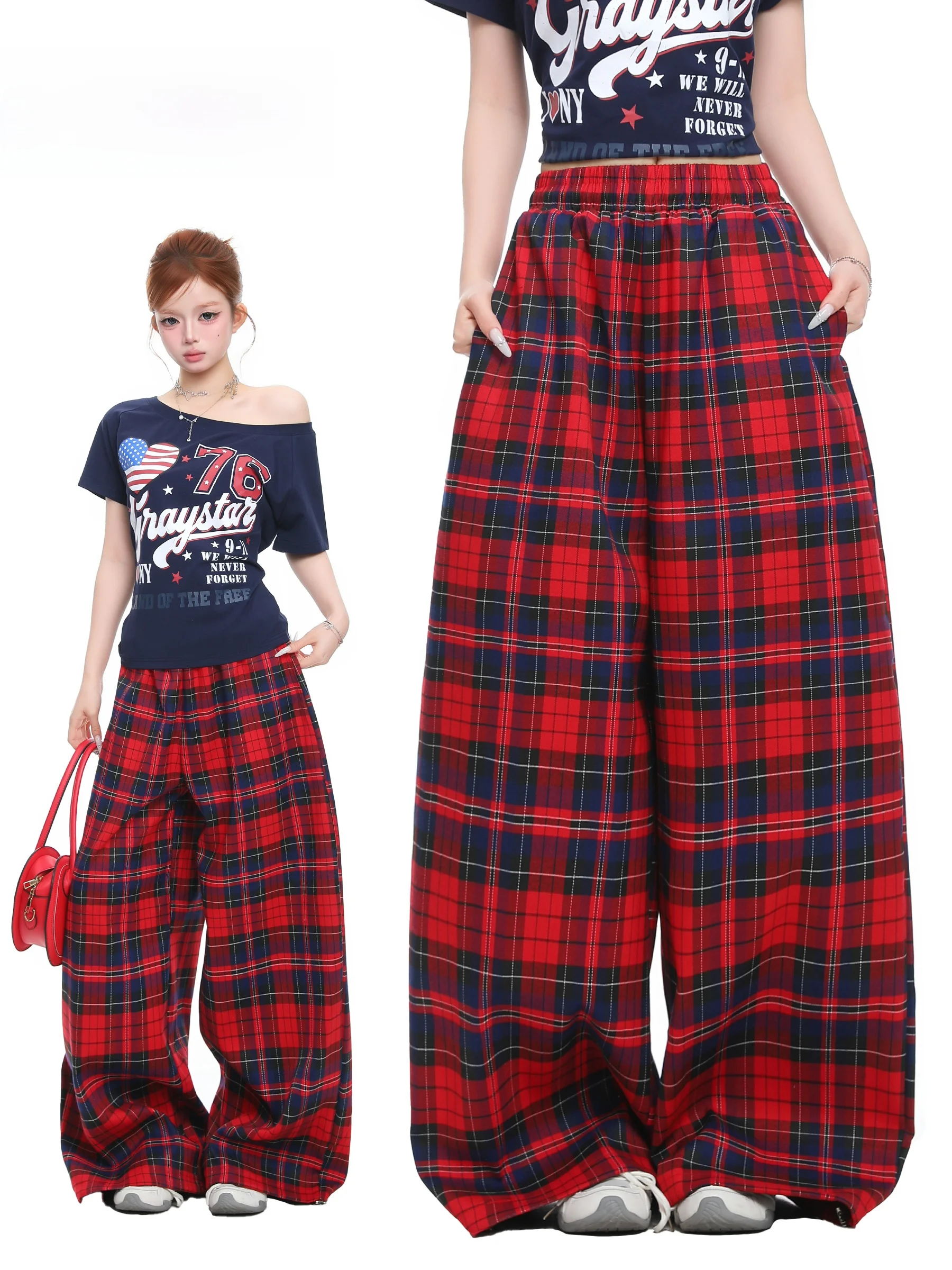 BASTERDS High Waist Wide Leg Casual Pants Women's Spring Season Checkered Color Block Floor Length Trousers Polyester Fabric