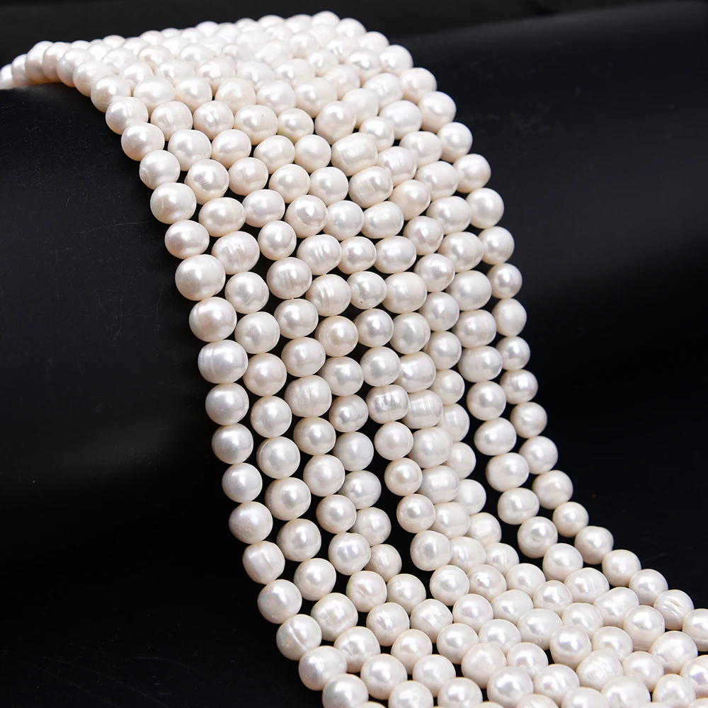 APDGG 5 Strands 8x9mm Freshwater Cultured White Potato Round Pearl Loose Beads 13.8'' Strands Handmade Jewelry Making DIY