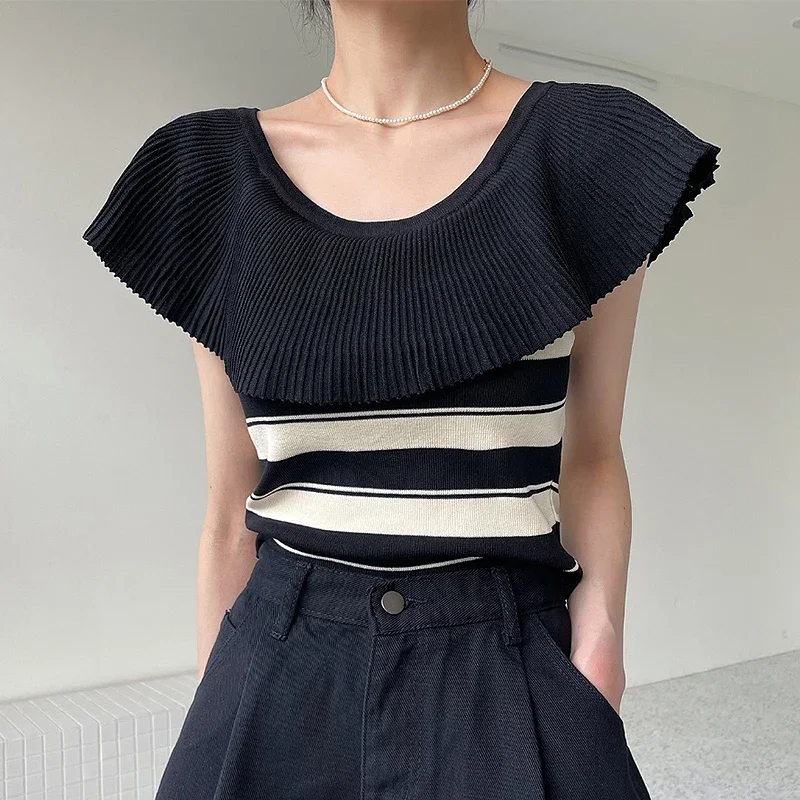 Black Stripped Knitted Tops Women  Summer Slash Neck Knitwear Female Pullovers Korean Streetwear Y2k Sweater Ladies