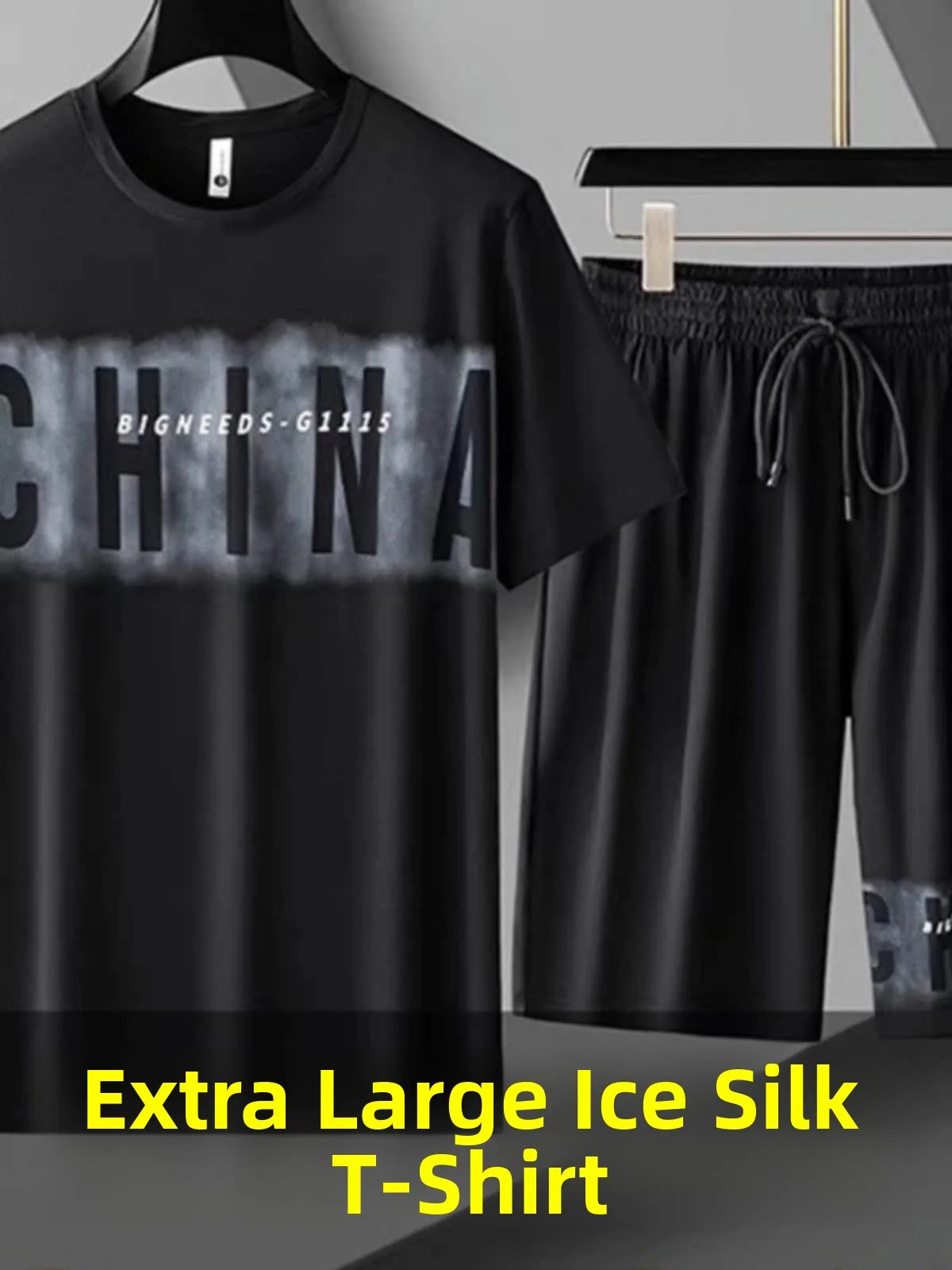 

Мужской спортивный комплект из ледяного шелка больших размеров, повседневный комплект из двух предметов, быстросохнущий, с охлаждающим эффектом, летняя коллекция