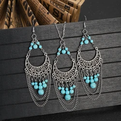 Ethnic Boho Blue Stone Tassel Jewelry Set Charm Ladies Vintage Jewelry Silver Color Hollow Flower Chain Necklace Earrings Sets
