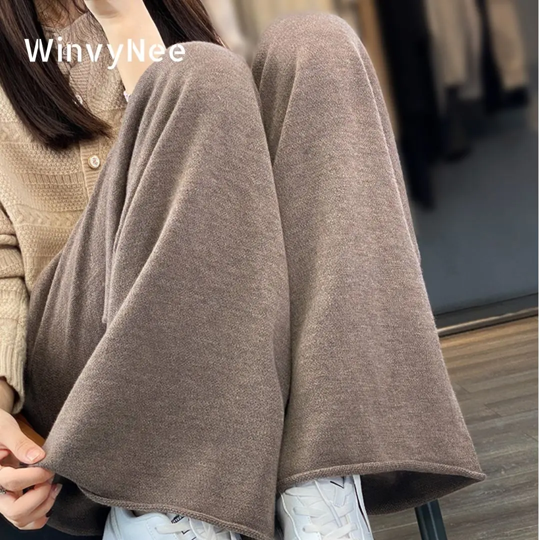 WinvyNee 2024 New Merino Wool Pants Ladies High Waist Wide Casual Knitted Leg Pants Trousers Loose Women Pants Clothing D 1077009