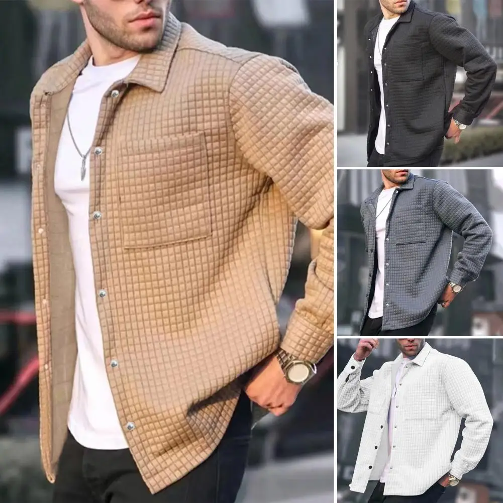 Spring Autumn Winter Jacket Stylish Men's Lapel Long Sleeve Jacket with Patch Pocket Waffle Texture Single Breasted Coat for A