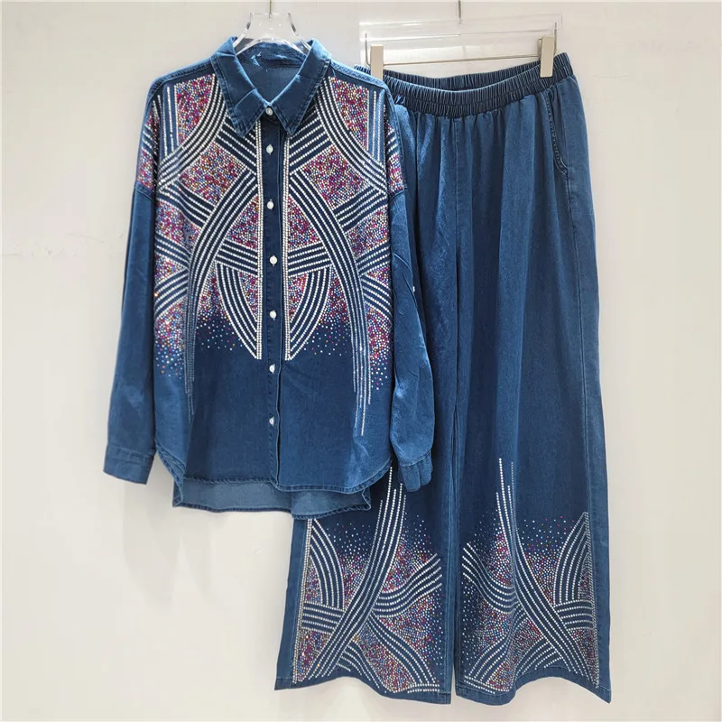 

Autumn New Rhinestone Jeans 2 Pieces Set Lapel Long Sleeve Shirt Wide Leg Pants Suit American High Street Women's Matching Sets